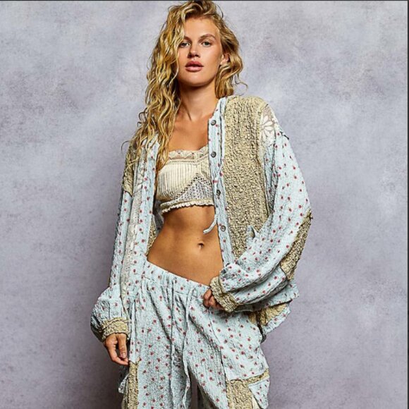 ❤️#1507A POL LACE&FLORAL PATTERN-BLUE JACKET (HAVE PANTS IN ANOTHER LISTING) - Picture 5 of 15